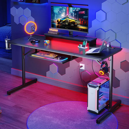 63" Gaming Desk with LED Lights & Power Outlets, Computer Desk with Monitor Stand & Keyboard Tray for Home Office, Carbon Fiber Black
