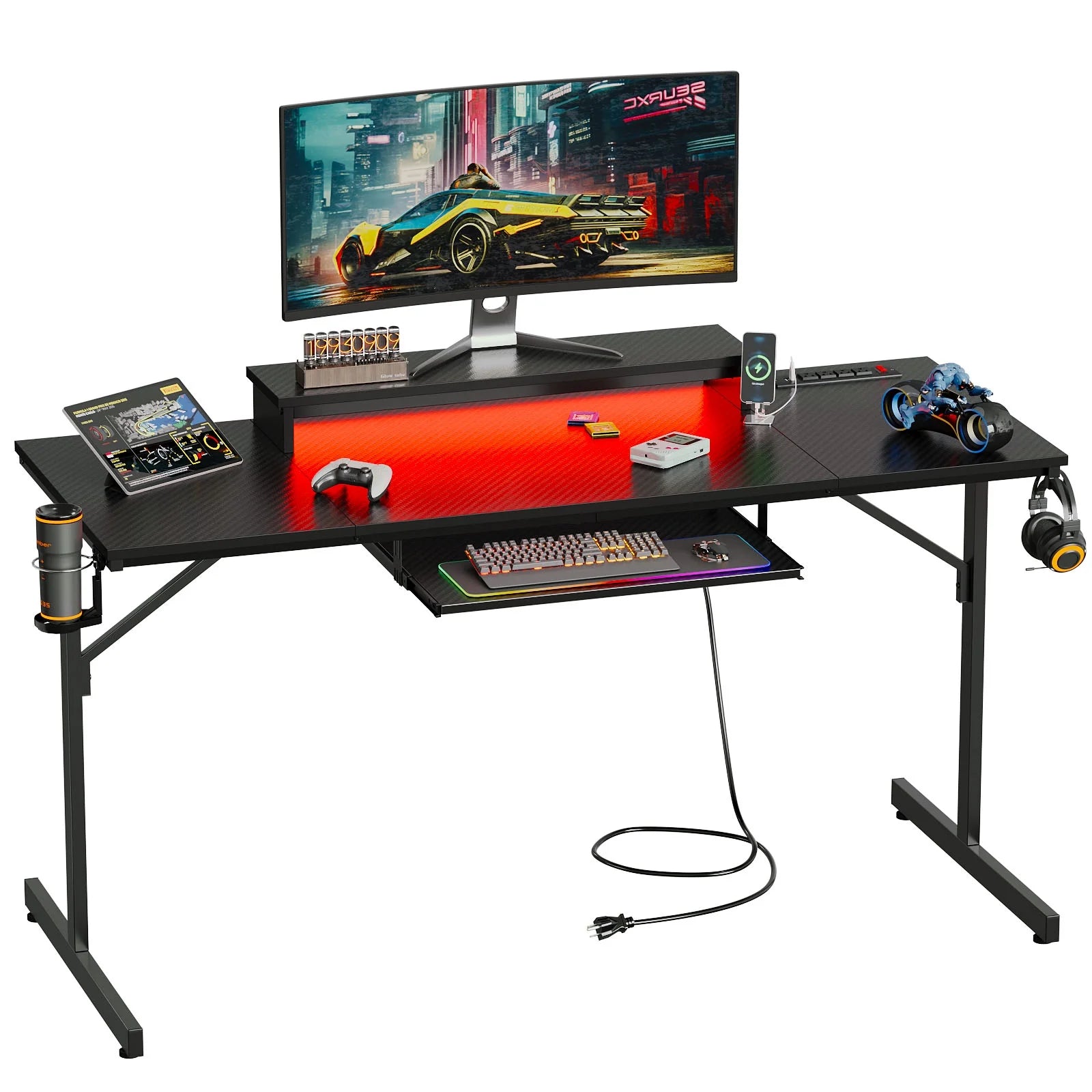 63" Gaming Desk with LED Lights & Power Outlets, Computer Desk with Monitor Stand & Keyboard Tray for Home Office, Carbon Fiber Black