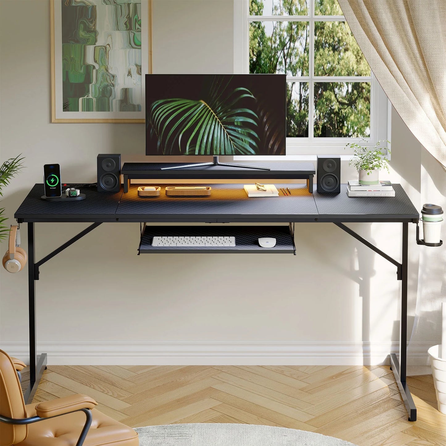 63" Gaming Desk with LED Lights & Power Outlets, Computer Desk with Monitor Stand & Keyboard Tray for Home Office, Carbon Fiber Black