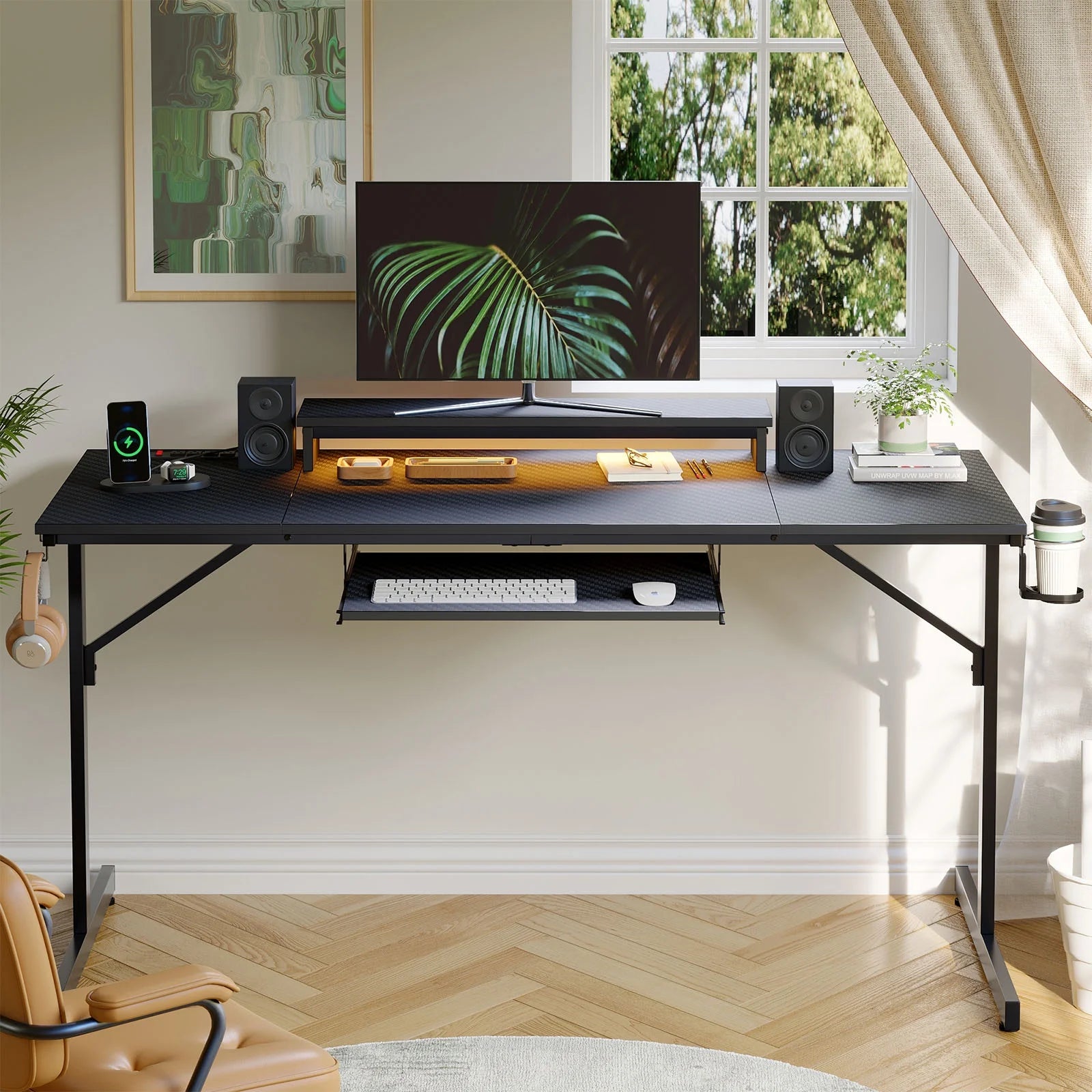 63" Gaming Desk with LED Lights & Power Outlets, Computer Desk with Monitor Stand & Keyboard Tray for Home Office, Carbon Fiber Black