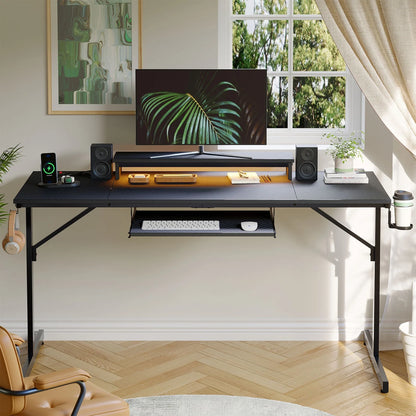 63" Gaming Desk with LED Lights & Power Outlets, Computer Desk with Monitor Stand & Keyboard Tray for Home Office, Carbon Fiber Black