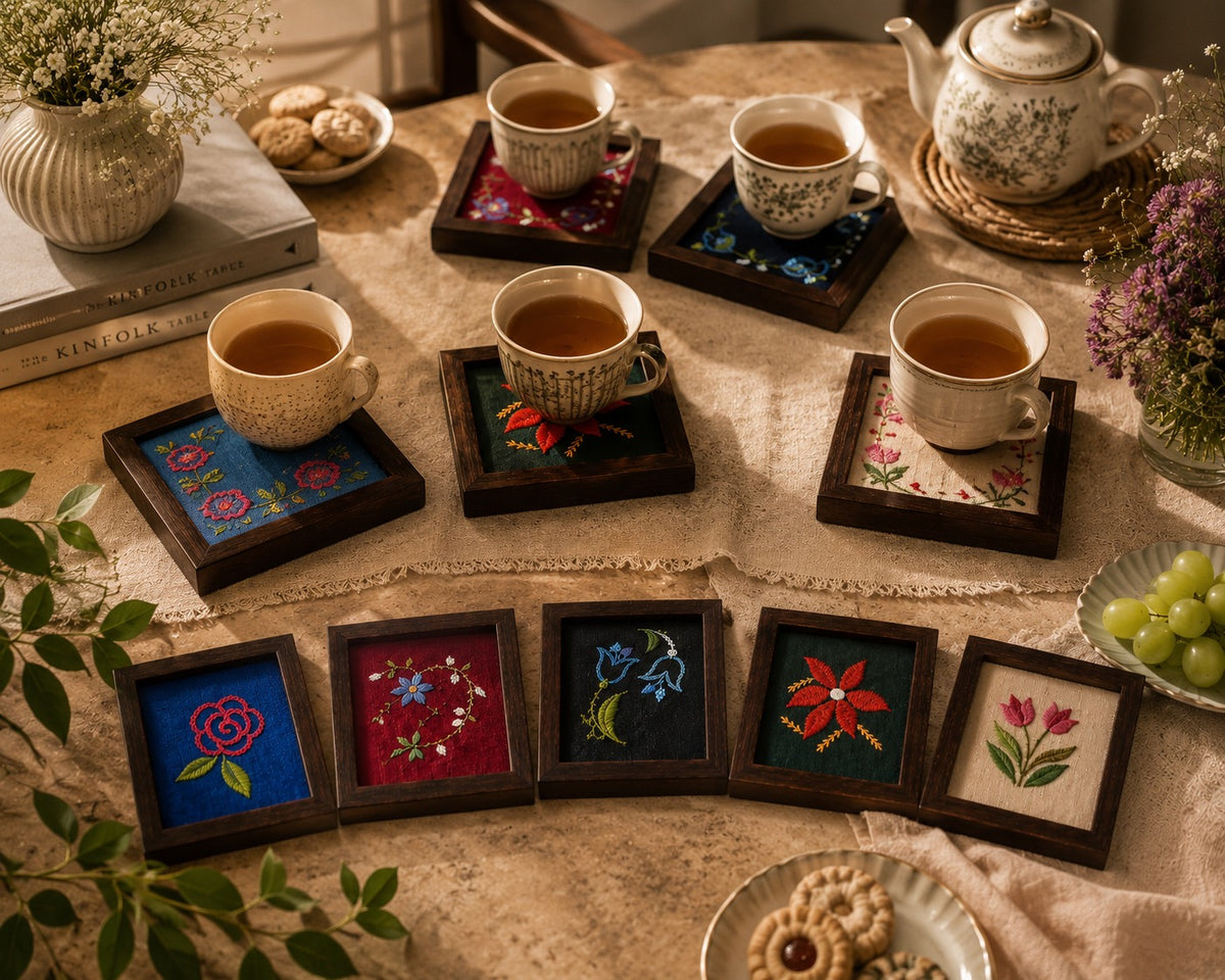 Aavo hand embroidered coasters grouped on a table with cups of tea