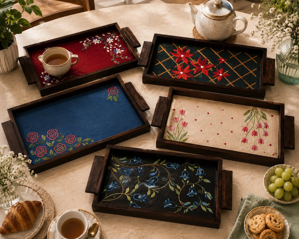 Aavo hand embroidered large serving trays grouped on a table setting