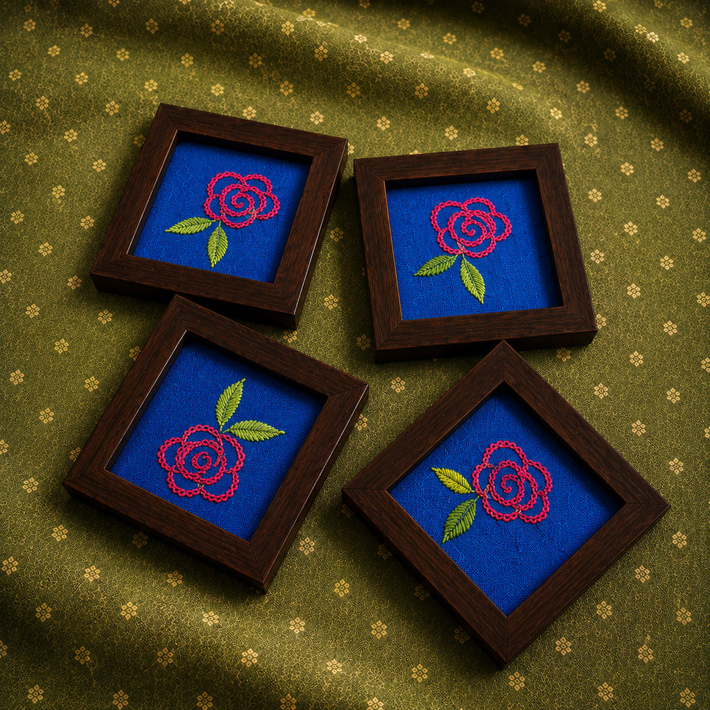 set of four hand embroidered raw silk coasters in wooden frames, blue
