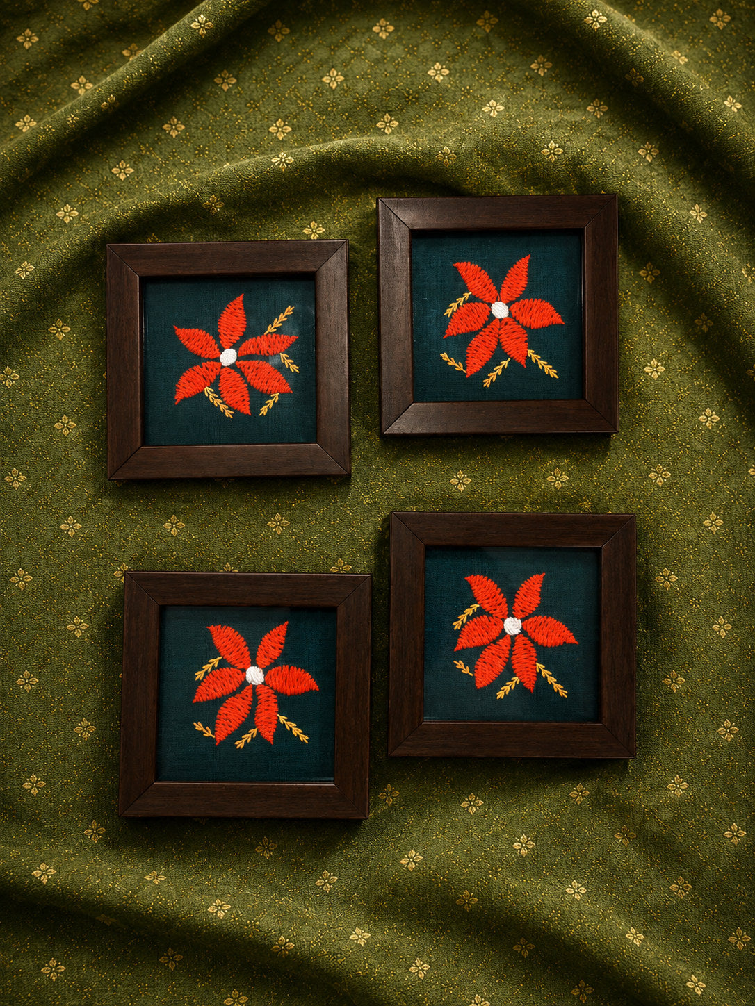set of four hand embroidered raw silk coasters in wooden frames, green