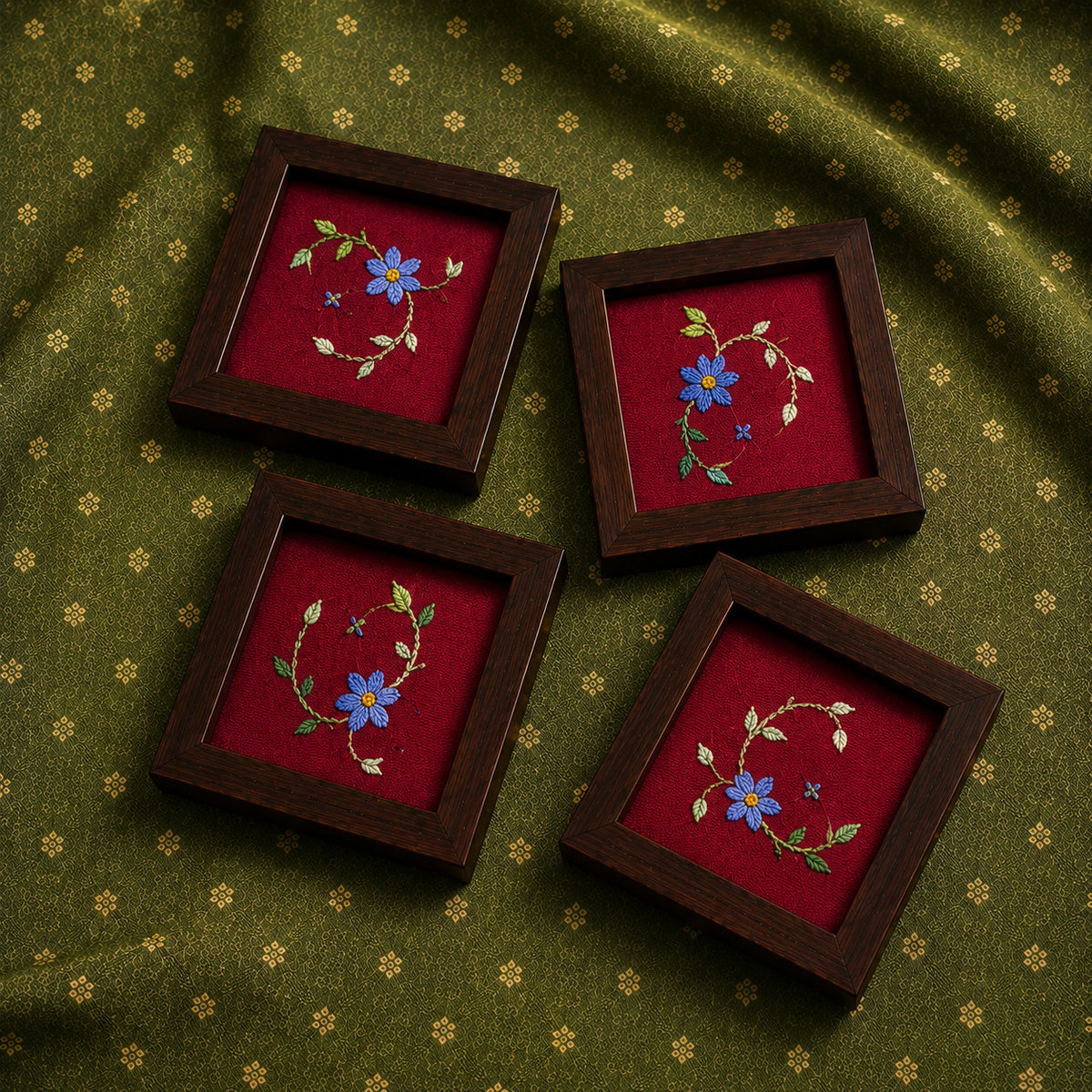 set of four hand embroidered raw silk coasters in wooden frames, red