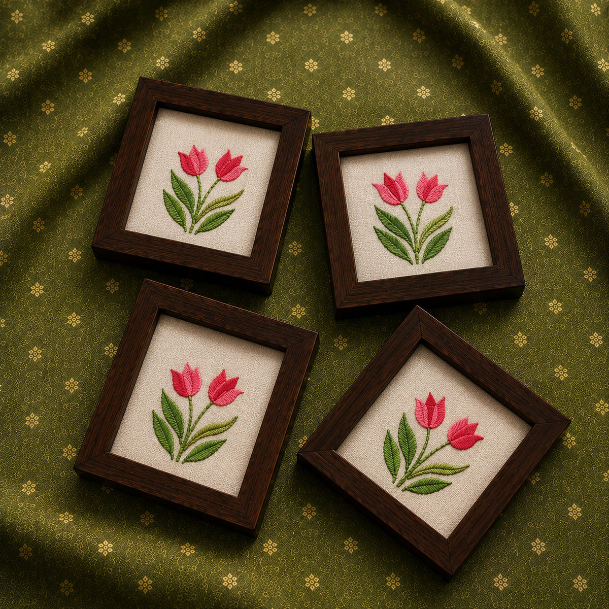 set of four hand embroidered raw silk coasters in wooden frames, white