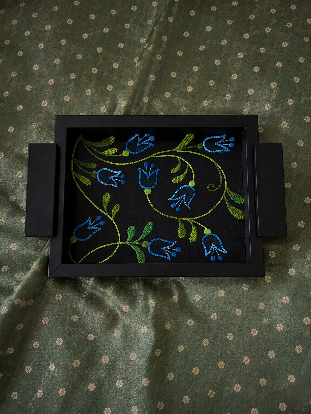 hand embroidered raw silk serving tray under acrylic in a solid wood frame, small, black