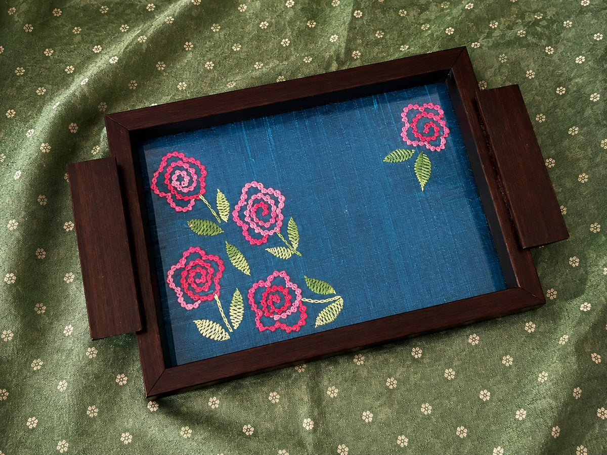 hand embroidered raw silk serving tray under acrylic in a solid wood frame, large, blue