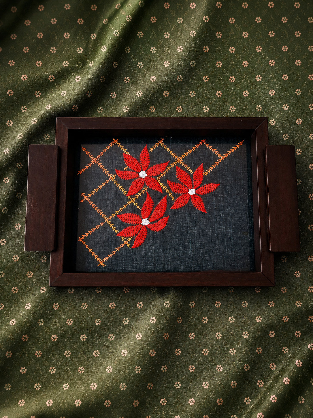 hand embroidered raw silk serving tray under acrylic in a solid wood frame, small, green