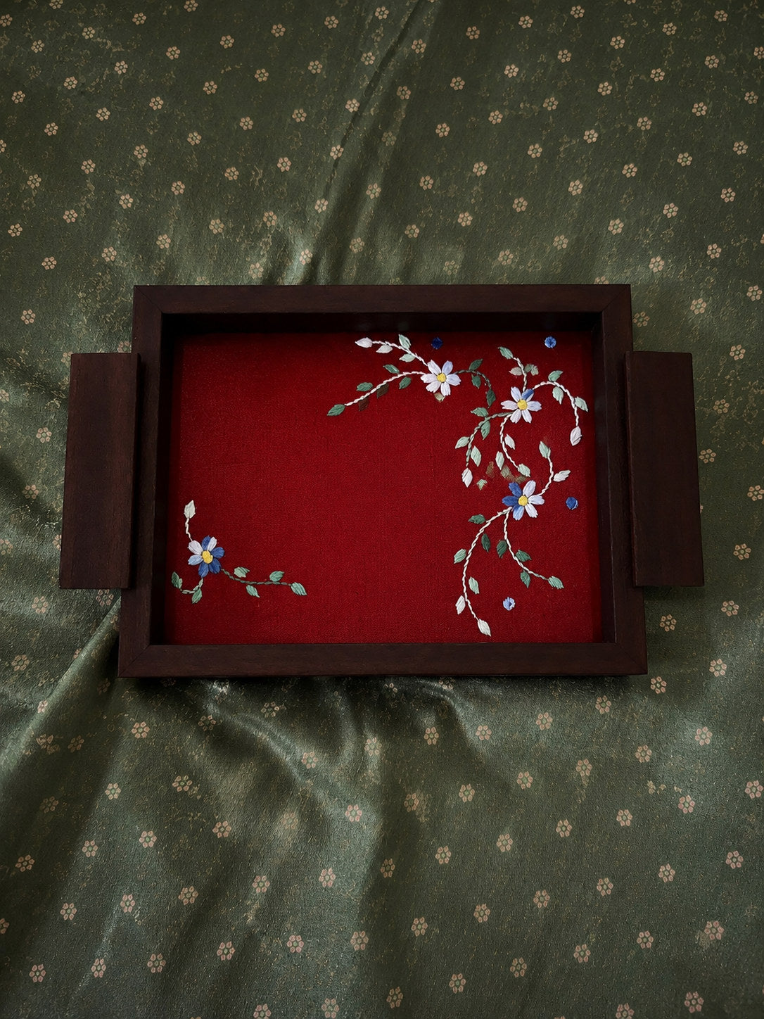 hand embroidered raw silk serving tray under acrylic in a solid wood frame, large, red