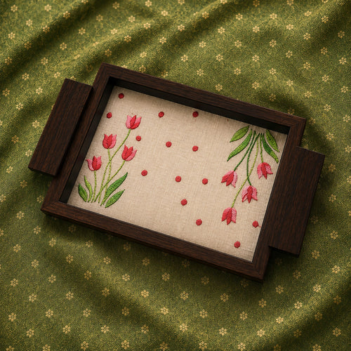 hand embroidered raw silk serving tray under acrylic in a solid wood frame, small, white