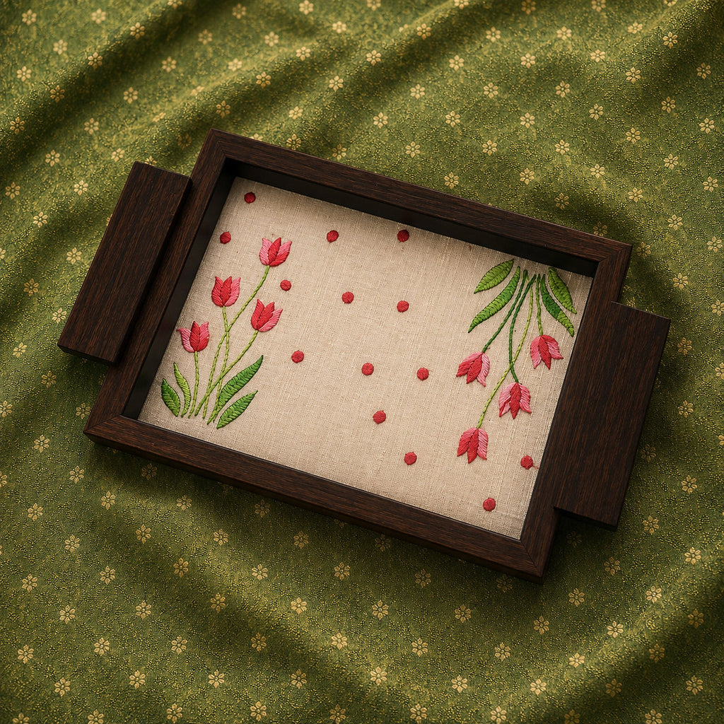 hand embroidered raw silk serving tray under acrylic in a solid wood frame, large, white