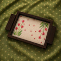 hand embroidered raw silk serving tray under acrylic in a solid wood frame, large, white