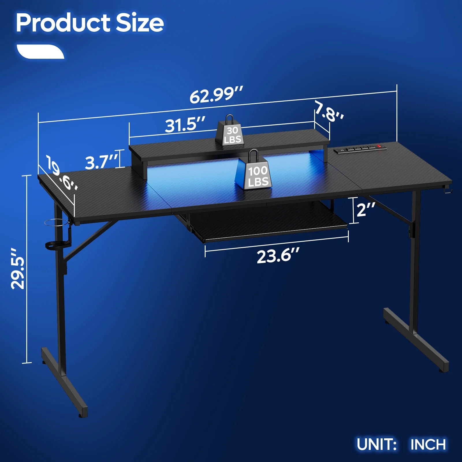 63" Gaming Desk with LED Lights & Power Outlets, Computer Desk with Monitor Stand & Keyboard Tray for Home Office, Carbon Fiber Black