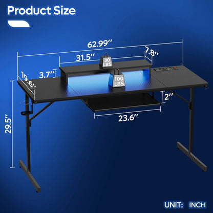 63" Gaming Desk with LED Lights & Power Outlets, Computer Desk with Monitor Stand & Keyboard Tray for Home Office, Carbon Fiber Black