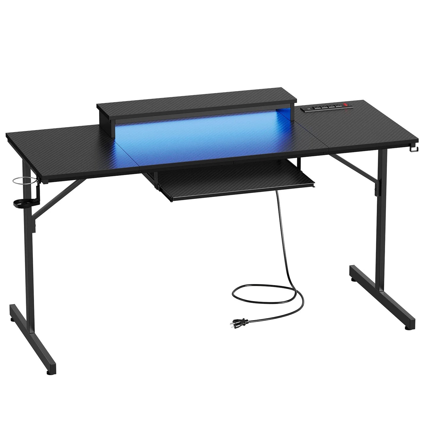63" Gaming Desk with LED Lights & Power Outlets, Computer Desk with Monitor Stand & Keyboard Tray for Home Office, Carbon Fiber Black