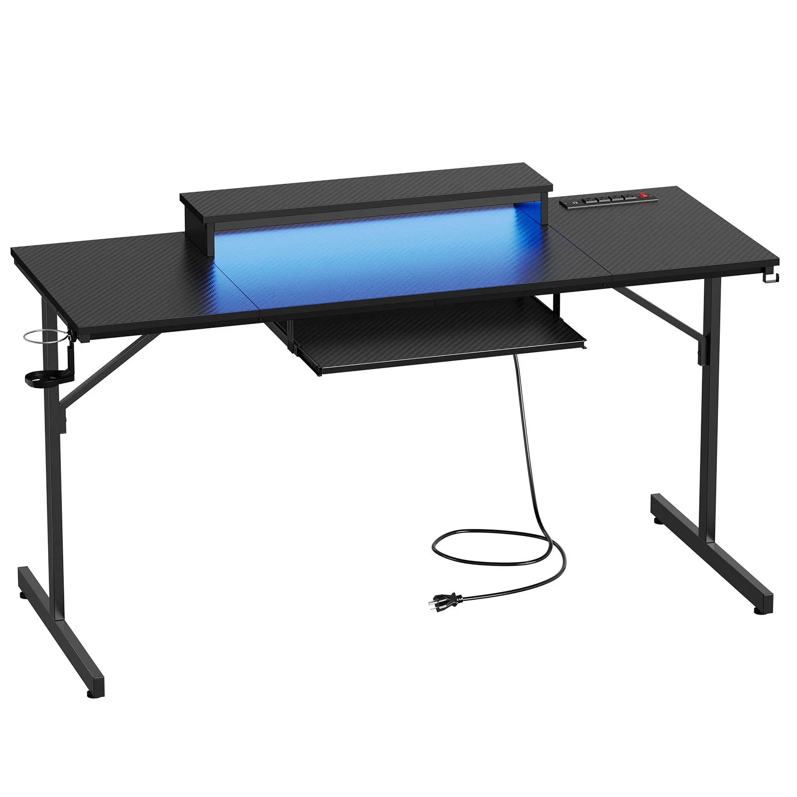 63" Gaming Desk with LED Lights & Power Outlets, Computer Desk with Monitor Stand & Keyboard Tray for Home Office, Carbon Fiber Black