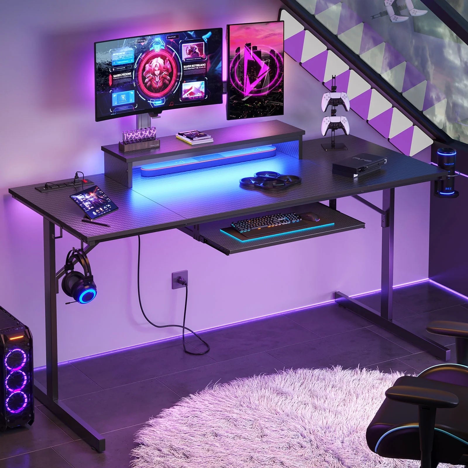 63" Gaming Desk with LED Lights & Power Outlets, Computer Desk with Monitor Stand & Keyboard Tray for Home Office, Carbon Fiber Black