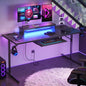 63" Gaming Desk with LED Lights & Power Outlets, Computer Desk with Monitor Stand & Keyboard Tray for Home Office, Carbon Fiber Black